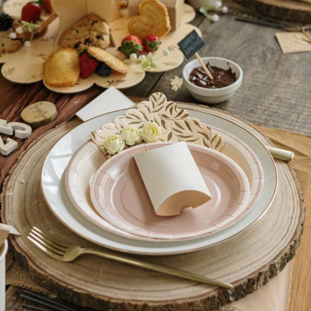 8 Assiettes Jolis Brins Carton Blush et Or Ø23cm