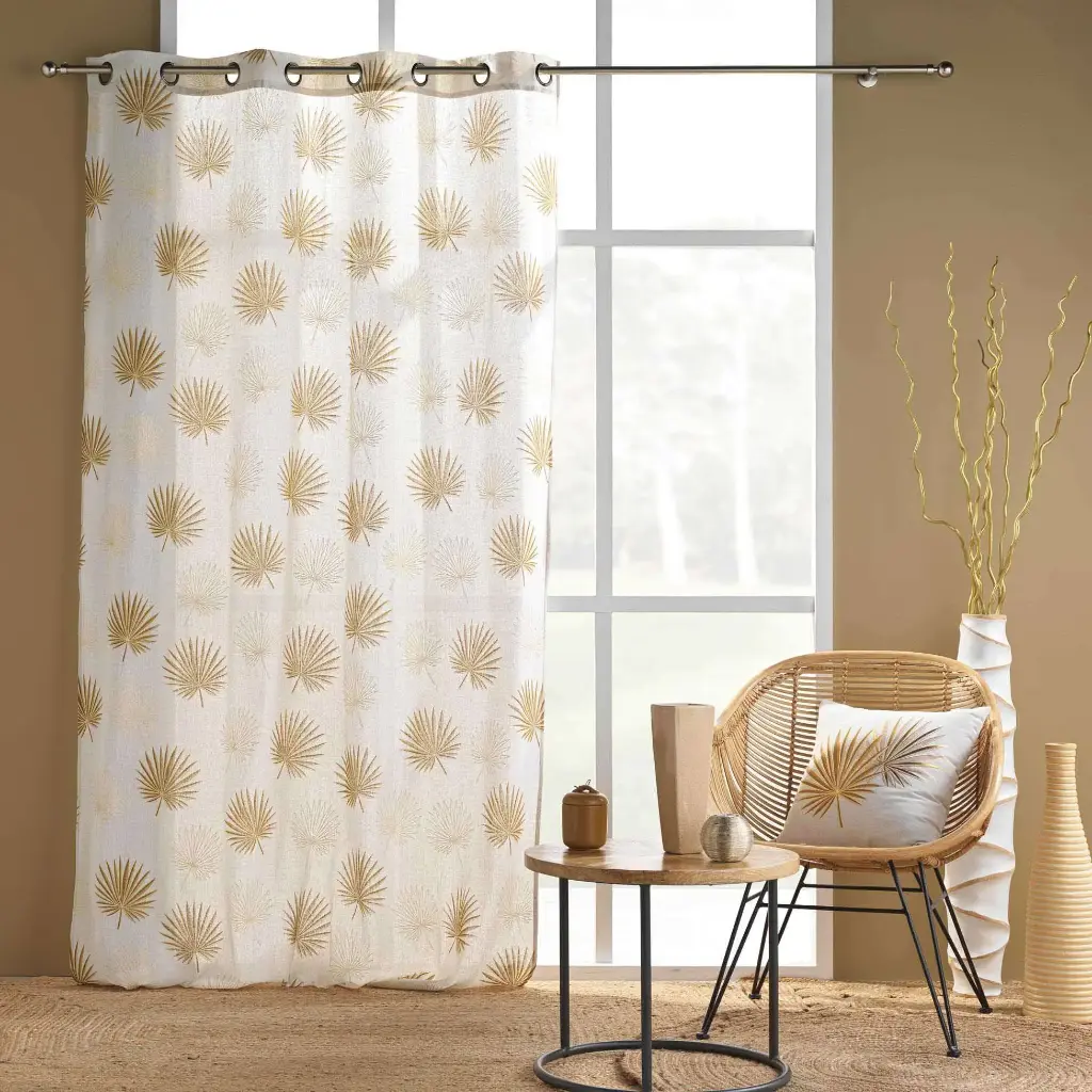 Rideau a oeillets 140 x 240 cm polycoton imprime metallise lotus ocre