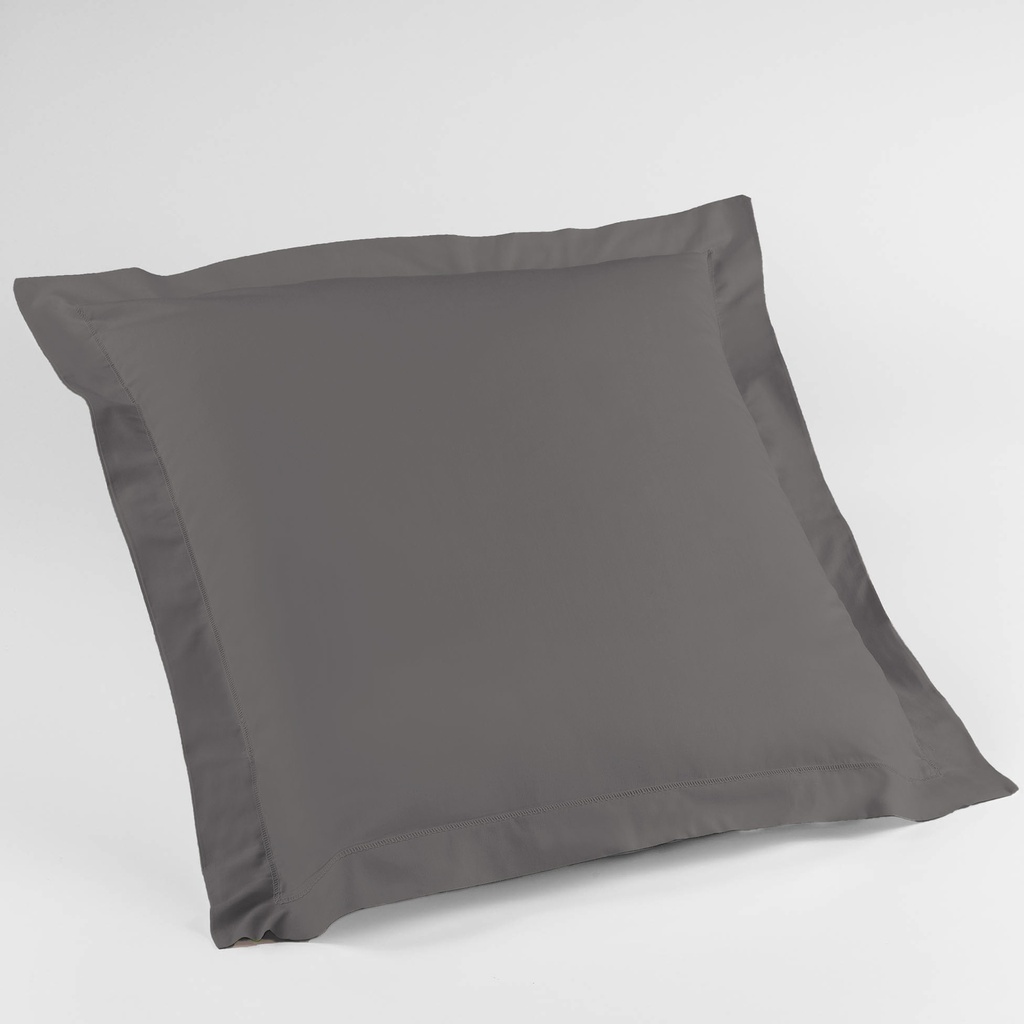Taie d\'oreiller volant plat 63 x 63 cm uni 57 fils lina gris souris + pt bourdon