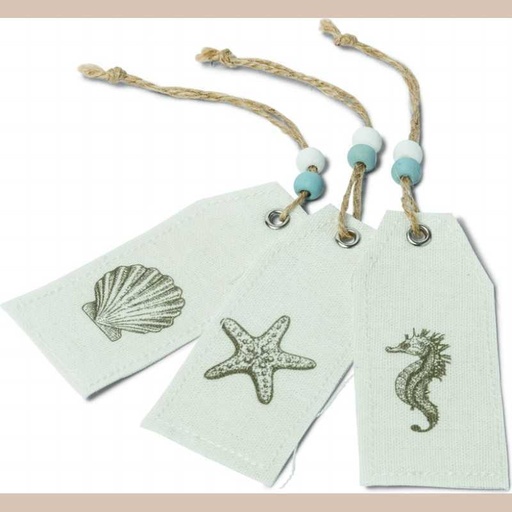 6 etiquettes coquillages taupe lin 9x4cm