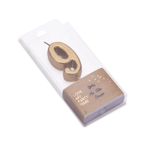 Bougie chiffre "9" metallise or 4.3 cm sur pic