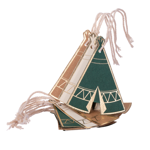8 etiquettes tipi indian forest sur ficellekraft vert ivoire or 6.5x5c
