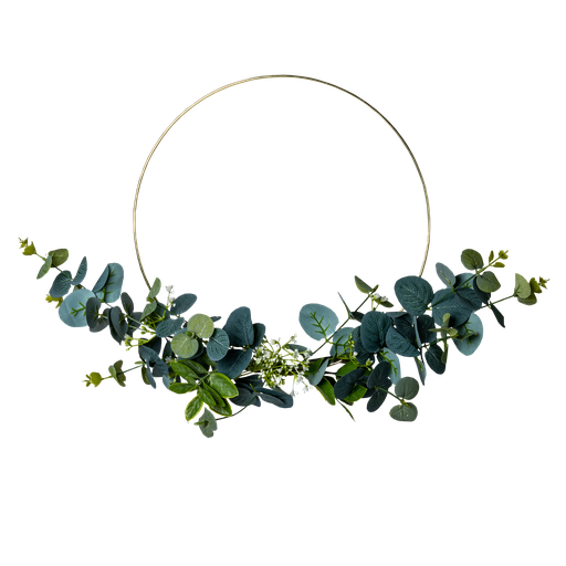 Couronne d'eucalyptus et fleurs blanche cercle metal or diamètre 30cm