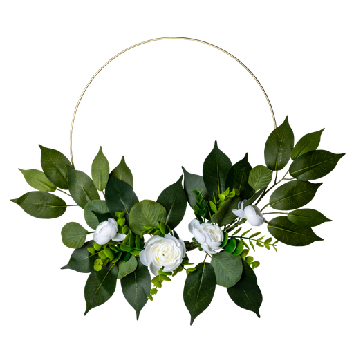 Couronne pivoines blanches laurier eucalyptus cercle metal or dia 30cm