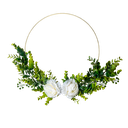 Couronne d'eucalyptus et pivoines b lanches cerle metal or diam 30cm