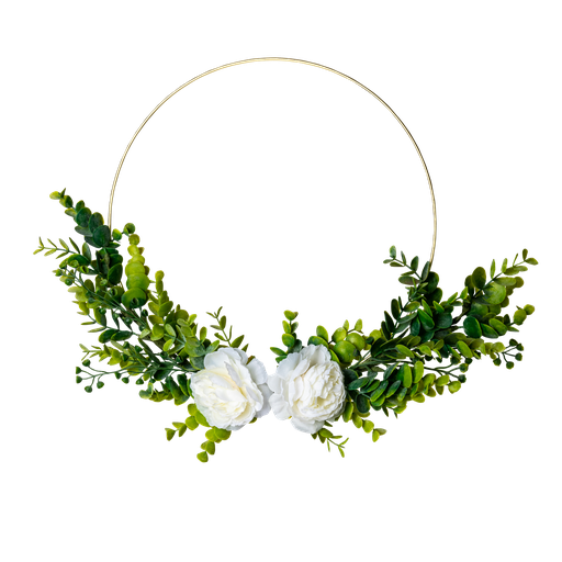 Couronne d'eucalyptus et pivoines b lanches cerle metal or diam 30cm