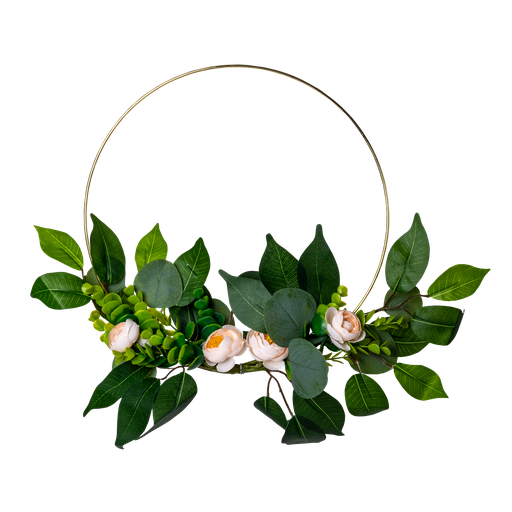 Couronne pivoines blush laurier euc alyptus cerle metal or diam 30cm
