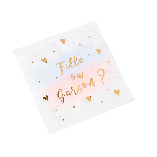 16 serviettes gender reveal "fille ou garçon ?" papier blanc rose bleu or 33x33cm -3plis