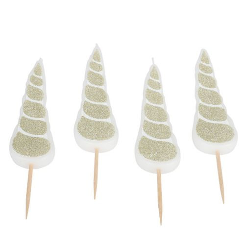 4 bougies corne de licorne blanc paillettes champagne 10.5cm  sur pic