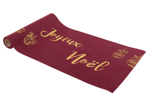 Chemin de table lin marsala joyeux noel floque & paillettes or 28cmx3m