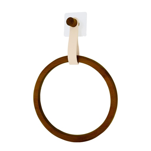 Porte serviettes arrondi bambou + laniere simili cuir sur sticker - beige/ facon acacia