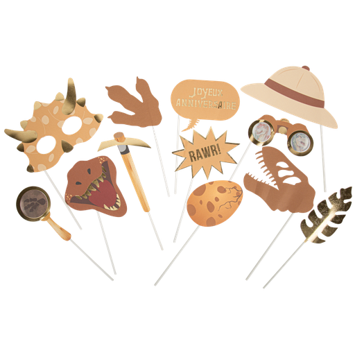 Kit photobooth dinosaure choco camel ivoire et or 12pcs