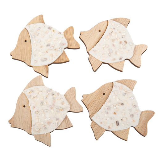 4 deco poissons bois coquillages et sable irises 10.5 x 10.5 cm