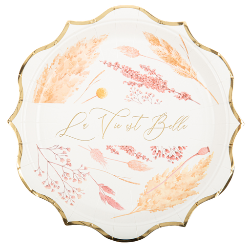 8 assiettes la vie est belle fleurs sauvages blanches, roses, beige et or 22.5cm