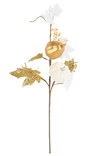 Branche pure avec citrouilles blanc , or mat et paillettes or 55cm
