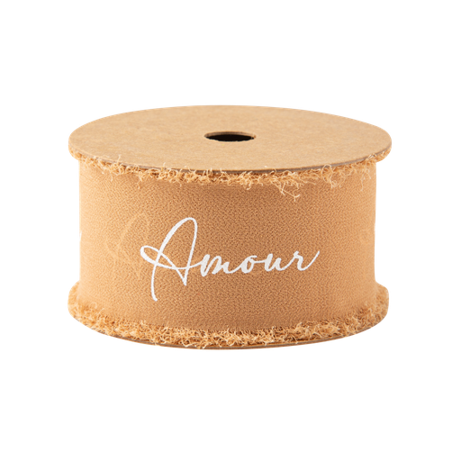 Ruban effiloche amour mousseline de soie camel et blanc 4cm x 3m