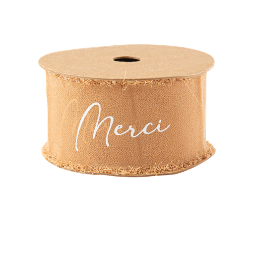 Ruban effiloche merci mousseline de soie camel et blanc 4cm x 3m