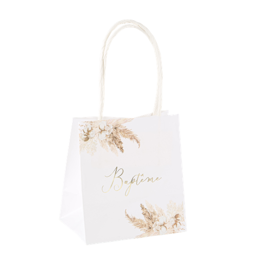 6 sacs cadeaux baptême pampas papier fleurs de coton et or 10x11x7cm avec anses blanc