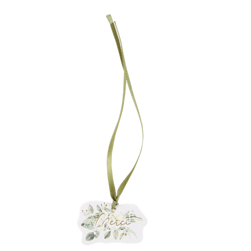 10 etiquettes merci botanique feuillages et or 4 x 2.5 cm et ruban satin sauge