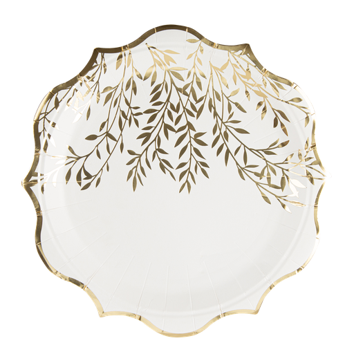 8 Assiettes Jolis Brins Carton Blanc et Or Ø23cm