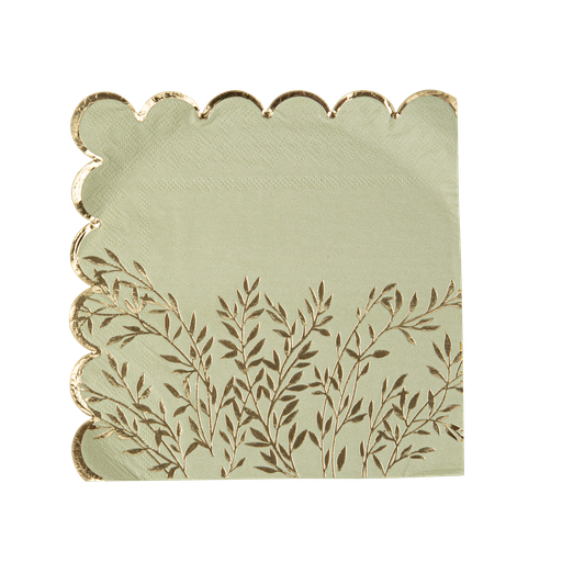 16 Serviettes Jolis Brins Papier Vert Sauge et Or 33x33cm - 3 Plis