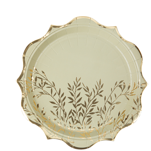 8 Assiettes Jolis Brins Carton Vert Sauge et Or 23cm