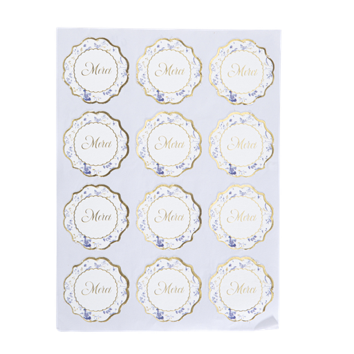 24 stickers merci toile de jouy blanc bleu et or diam 5 cm