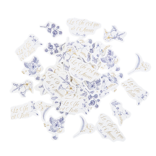 100 confettis toile de jouy blanc bleu et or de 2 a 4.3 cm