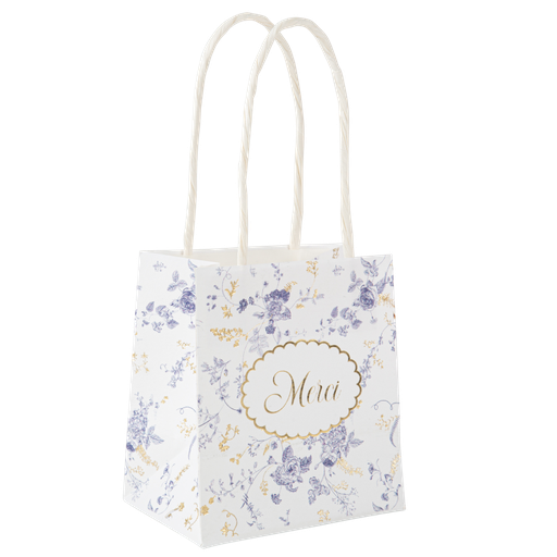 6 sacs cadeaux toile de jouy papier blanc, bleu et or 10x11x7cm avec anses blanc