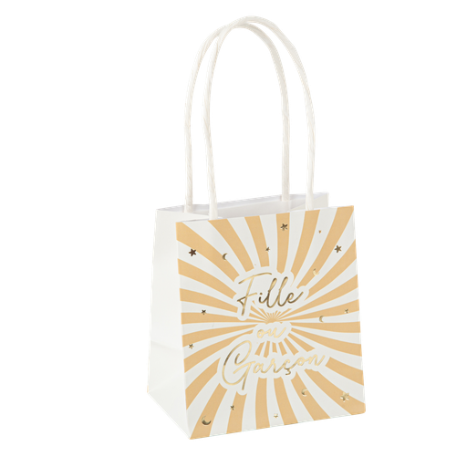 4 sacs à cadeaux "fille ou garçon" baby nude camel, blanc et or 10 x 11 x 7 cm + anses blanches