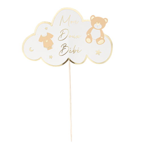 Cake topper "mon doux bébé" baby nude camel, blanc et or 16 x 24 cm recto / verso