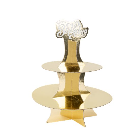 Présentoir "happy birthday" carton or et blanc carton carton 35cm 2 étages