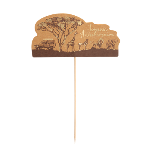 Cake topper joyeux anniv. safari kraft moka et or 16 x 24.5 cm recto / verso