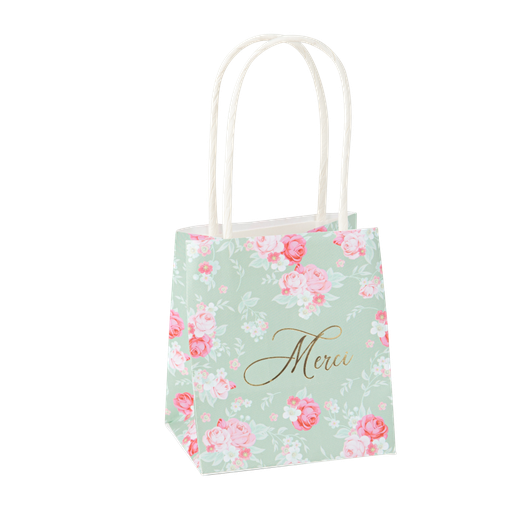 4 sacs à cadeaux merci spring papier vert sauge, rose et or 10x11x7cm + anses blanc