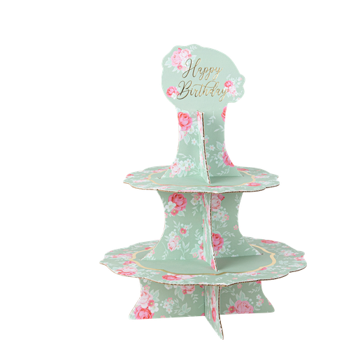 Présentoir happy birthday spring carton vert sauge rose et or 365cm 2 étages