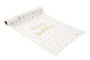 Chemin de table "happy birthday" mousseline blanche et pois or 28cmx5m