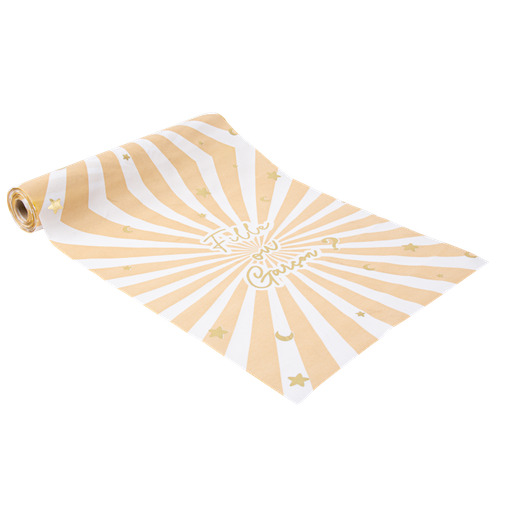 Chemin de table"fille ou garçon" tissu nude camel blanc et or 28cm x 3m