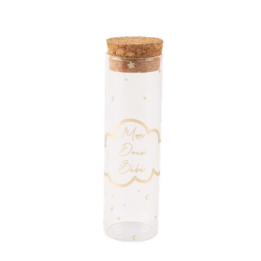 Tube à essai "mon doux bébé" nuage lunes et etoiles verre et or avec un bouchon liège diam 3 x 10 cm