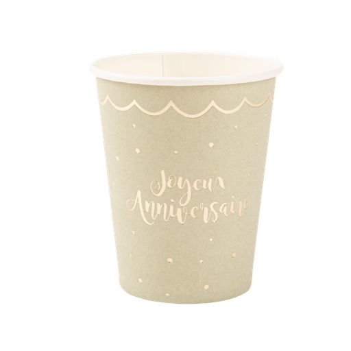 8 Gobelets "Joyeux Anniversaire" Jolis Pois Carton Vert Sauge et Or 255ml