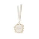 10 étiquettes baptême papier crème et or ø5cm et ruban satin crème