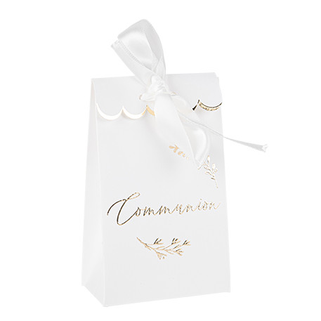 10 sachets "communion" papier blanc et or 7,5x12,5x4,4cm et ruban satin blanc