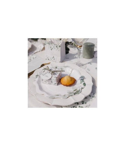 8 Assiettes Jardin Botanique Carton Papier Vert Sauge et Blanc Ø23cm