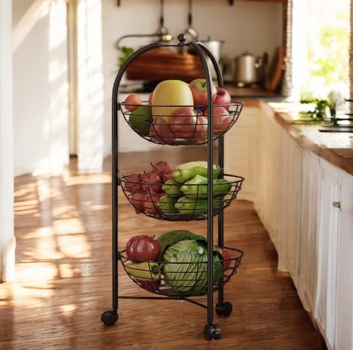 Chariot de rangement en métal noir avec un design à trois niveaux