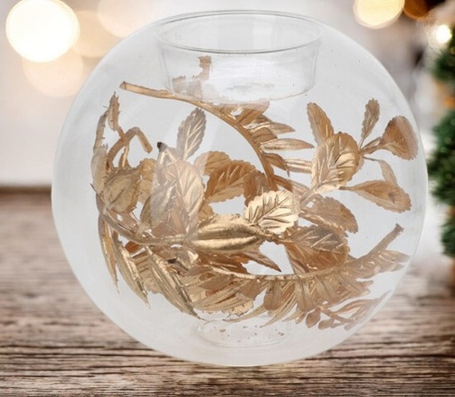  porte  bougie en  verre feuillage doré palmier