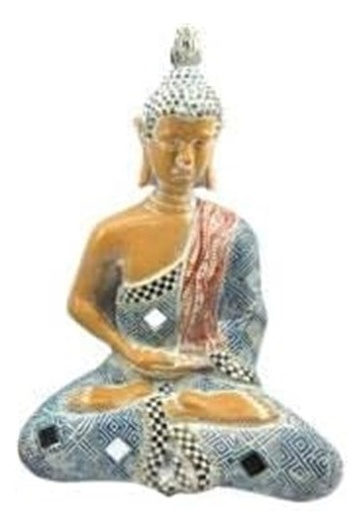 Figurine résine 13x8,8x20,5 buddha bleu et miroir
