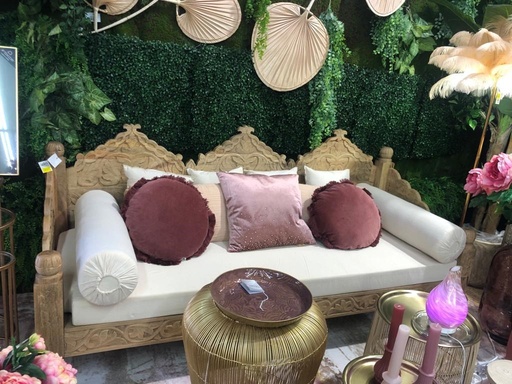 Wdn carved bench with seat, cushions and bolsters in 100% cotton (banquette )