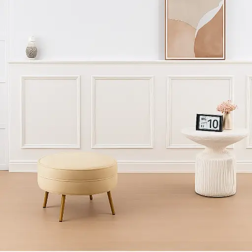 Pouf rond "louna" beige biscuit pied doré