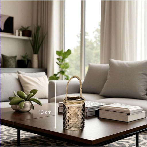 Photophore verre perle bois tropicale D10 H13 cm - Tonka