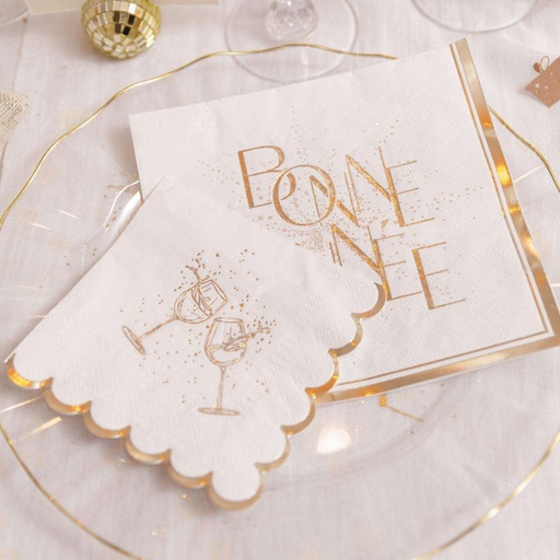20 Serviettes Cocktail Bubbles Party Papier Blanc et Or 24x24cm - 3 Plis