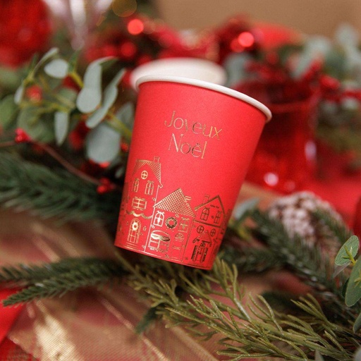 8 Gobelets "Joyeux Noël" Luxury Christmas Carton Rouge et Or 255ml